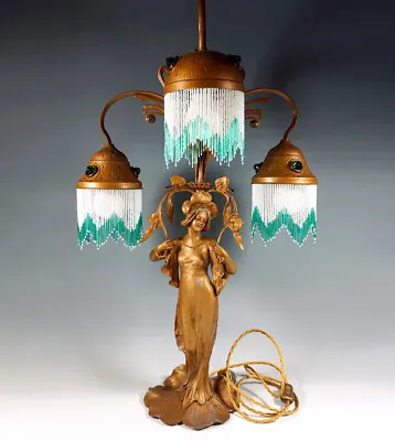 Art Nouveau Table Lamp 3 Flames Young Woman Flora Goddess Der Flower France • $4004.51