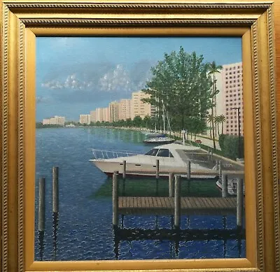 Original Modern Oil Painting View From Coastal Florida And Yachts • $750