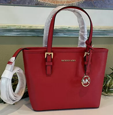 Michael Kors Jet Set Travel Xs Zip Crossbody Tote Bag Messenger Bright Red Gold • $105.99