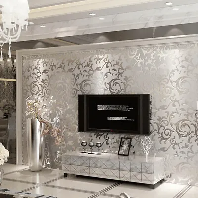 Silver Grey 3D Victorian Damask Embossed Wallpaper TV Backdrop Home Wall Paper • £8.95