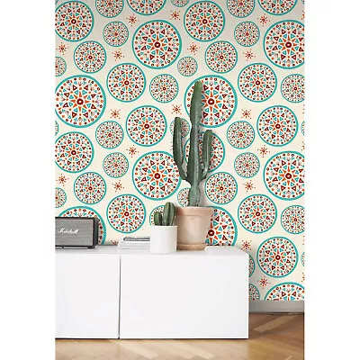 £10 • Buy Boho Handmade Indian Art  White Blue Red And Orange Wall Mural Wall Wallpaper