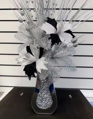 Crushed Diamond Vase With Flowers Crystal Mirrored Mantel Glitter Bling 25 Cm • £34.99