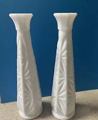 Set Of Two Vintage Milk Glass Bud Vases - 8.5 Inches Tall Sleek Design  • $2.99