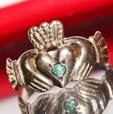 9k 375 Yellow Gold Ring Filled Emerald Irish Claddagh Sz 6.5 Antique 2.2gr N2784 • $900