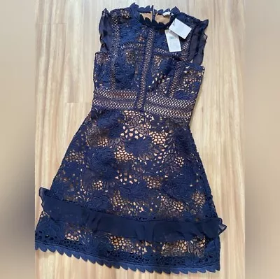 NWT ($425!) US Size 4 Reiss Dress Navy Blue  Lena Lace Fitted Sleeveless • $95