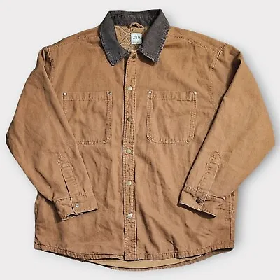 ZARA Denimwear Men Large Brown Cotton Denim Paisley Lined Jacket Corduroy Collar • $39.99