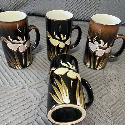 4 Vintage 1970s Japanese Glazed Ceramic Mugs Cup Painted Handmade Black Iris Set • $14.96