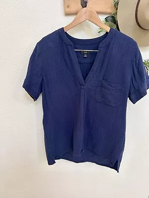 J Crew Top Womens Small  Popover Short  Sleeves Gauze Cotton Navy Blue • $7.50