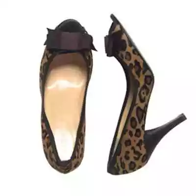 J. Crew Isabella Leopard/Cheetah Peep Toe Calf Hair Heels W/ Black Bow • $42.30