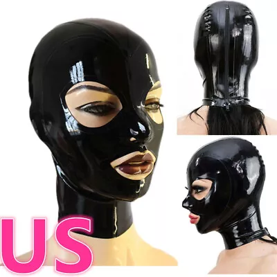 US Women Men Mask Full Face Mask Hood Party Rubber Catsuit Cosplay Zipper Cover • $23.91