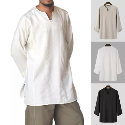 US STOCK Men Long Sleeve V-Neck 100%Cotton Ethnic Kurta Shirt Hippy Tunic Tops • $20.89