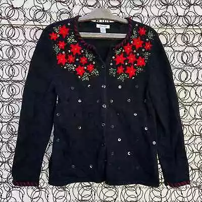 Vintage 90s Red Poinsettia Ugly Christmas Holiday Bold Bling Cardigan Sweater • $75