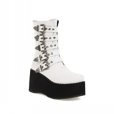 Women's Chunky Platform Heel Ankle Boots Goth Punk Buckle Zip Up Shoes 44-48 D • $69.41