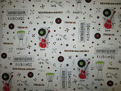 Retro Guitar Music Records Guitars Keyboard Drums Sax Cotton Fabric Bthy • $6.75