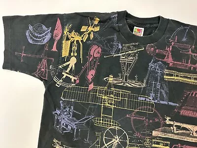 Vintage 90s Invention Blueprint All Over Print T-Shirt XL Steampunk Grunge Black • $31.44