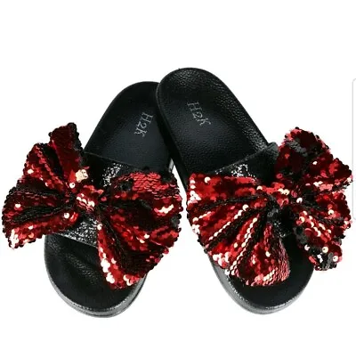 H2K Womens Black Slides With Sparkly Red Bow Women’s Size 7 New No Box Or Tags • $14