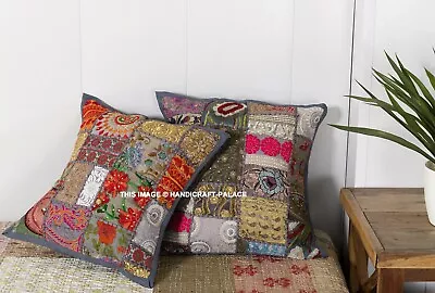 Handmade Vintage Patchwork Indian Ethnic Floor Pillow Boho Cushion Cover 40x40cm • £9.59