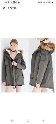 S13 New York Green Sherpa Fleece Lined Parka Coat Hood Fur  Sz M Medium One FLAW • $30