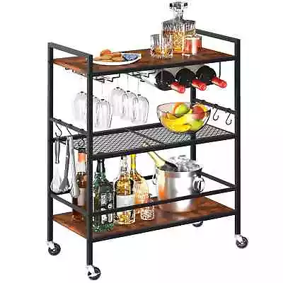 Rolling Bar Wine Kitchen Cart Wine Rack Glass Holder Shelves Storage Brown/Black • $94.76