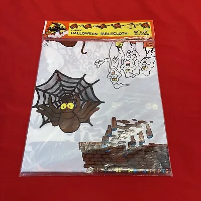 Vintage Plastic Halloween Tablecloth 52”x72” Pumpkin Bats Ghosts Spiders • $20