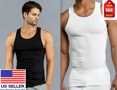 3-6 Mens 100% Cotton Tank Top Wife Beater A-Shirt Undershirt Ribbed Black White • $9.99