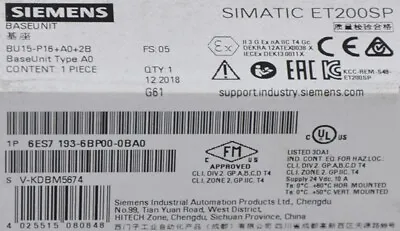 $22.52 • Buy Siemens SIMATIC S7 6ES7 193-6BP00-0BA0 6ES7193-6BP00-0BA0 New Sealed