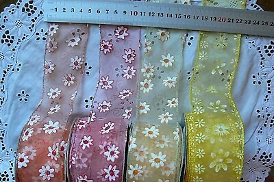 Flowers On Sheer Organza 50mm Wide Wired Pull-Bows  4 Colour Variety Choice AR2 • £4.23