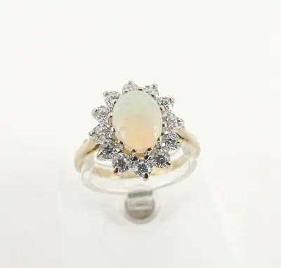 9ct Gold Opal Ring CZ Cluster Hallmarked 12mm Size Q With Gift Box • £128