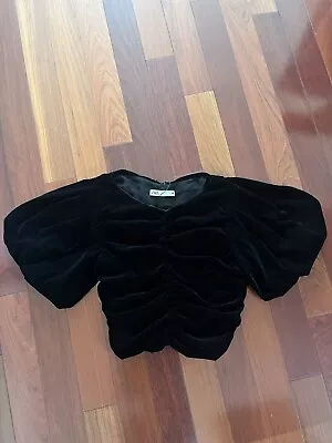 Zara Black Velvet Ruched Button Cropped Top Shirt Blouse Puffy Sleeve XS • $12.99