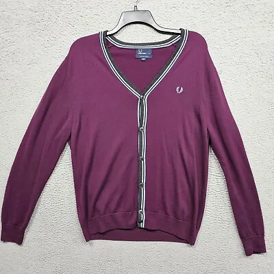 Fred Perry Sweater Mens XL Purple Cardigan Merino Wool V-Neck Long Sleeve Preppy • $34.99