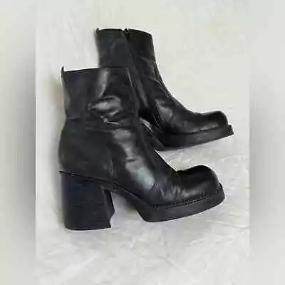 Vintage Bratz Nine And Co 90s Black Leather Chunky Platform Heel Boots Size 8.5 • $150