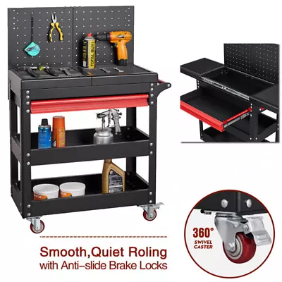 3Tier Metal Rolling Tool Cart Mechanic Workshop Storage Cabinet W Pegboard Black • $156.66