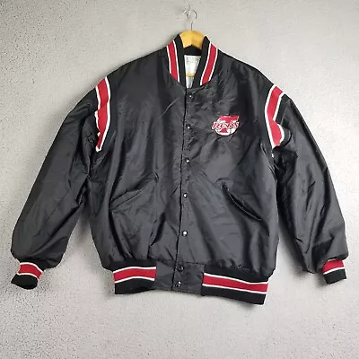 VTG DeLong Reds Jacket Men Large Black Snap Button Quilted Bomber • $49.88