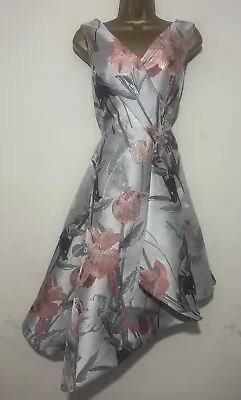 Coast Silver Grey Pink Fit  Flare Hi Low Midi Occasion Wedding Dress Size Uk 12 • £65