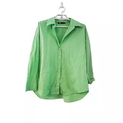 Zara Shirt Womens Size Small Oversized Green Button Up Poplin Cotton • $22.97