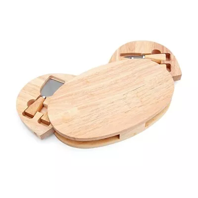 Large Wooden Oval Cheese Board Set W/Integrated Drawer & 4 Cheese Knives Party • £19.99