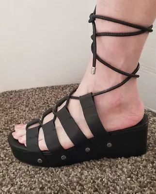 Rebecca Minkoff Iven Black Leather Platform Gladiator Sandals Size 9.5 • $46.99