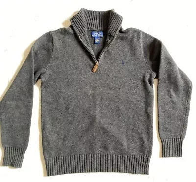 Polo Ralph Lauren Sweater Gray 1/4 Zip Cotton Blue Logo Size L (14-16) • £25