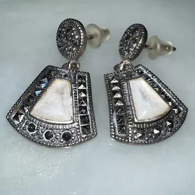 Art Deco Design Earrings Mother Of Pearl And Marcasite Dangle .925 Silver VTG • $35