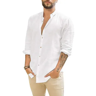 Casual Shirt Mens Linen Long Sleeve Summer Shirts Solid Loose Cotton Blouse Top • $17.55