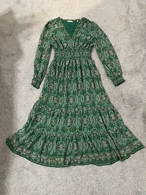 Max Studio London Womens Green Printed Tiered Maxi Dress Large Sheer Long Sleeve • $25