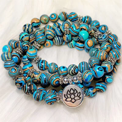 8mm Blue Malachite 108 Bead Gemstone Mala Bracelet Wristband Cuff Lucky • $9.01