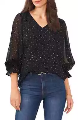 Vince Camuto RICH BLACK Women's Sequin Polka Dot Balloon Sleeve Blouse L • $39.50