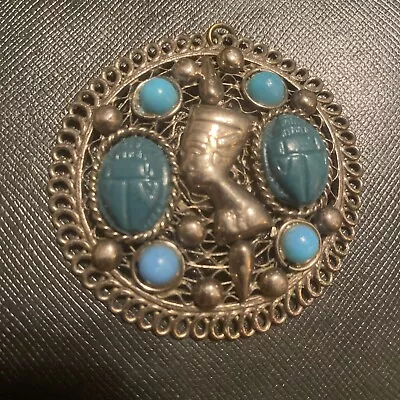 Vintage NEFERTITI & SCARAB Medallion NECKLACE Egyptian Revival Unique  • $9