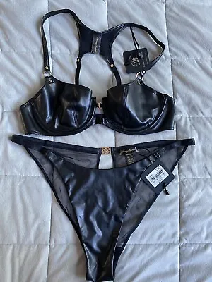 Honey Birdette Set Size 16C Black Faux Leather Bra Briefs XXL Valentines Day • $150