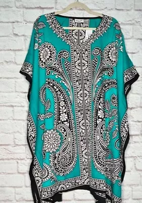 1X/2X/3X OS Turquoise Blue Black Graphic Print Beach Cover Dashiki Tunic Top • £16.37