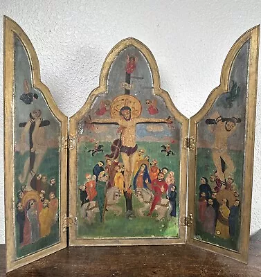 Antique Oil Painting Christ Crucifixion Tin Retablo Altar Nicho Spanish Mexican • $1299