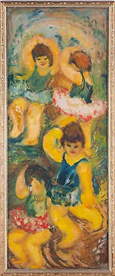 Vintage Modernist Oil On Masonite  Children Playing  • $100