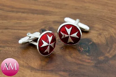 .925 Sterling Silver MALTESE CROSS Cuff Links (Round Bar) - Silver On Red • $196.56