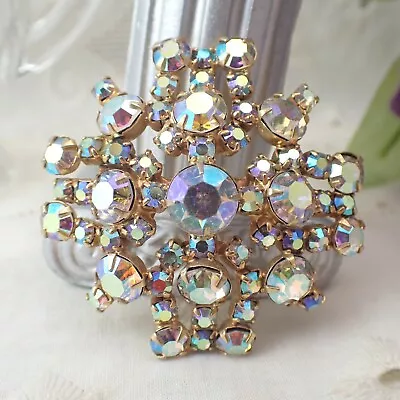 Vintage AB Rhinestone Gold Tone Cluster Maltese Cross Pin Brooch • $39.95